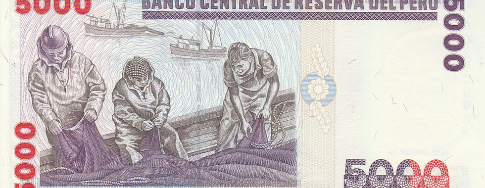 5,000 Intis (Peru,1988)-Reverse: Depicts a fishing expedition, a group of fishermen are seen preparing a net.