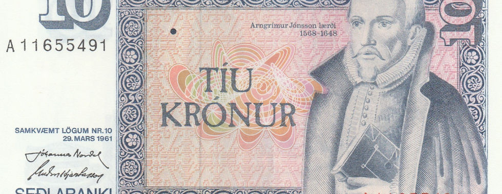 10 Kronur (Iceland, 1961)-Observe: Features an illustration of Arngrímur Jónsson the Learned, known for introducing Europe to authentic Icelandic literature.