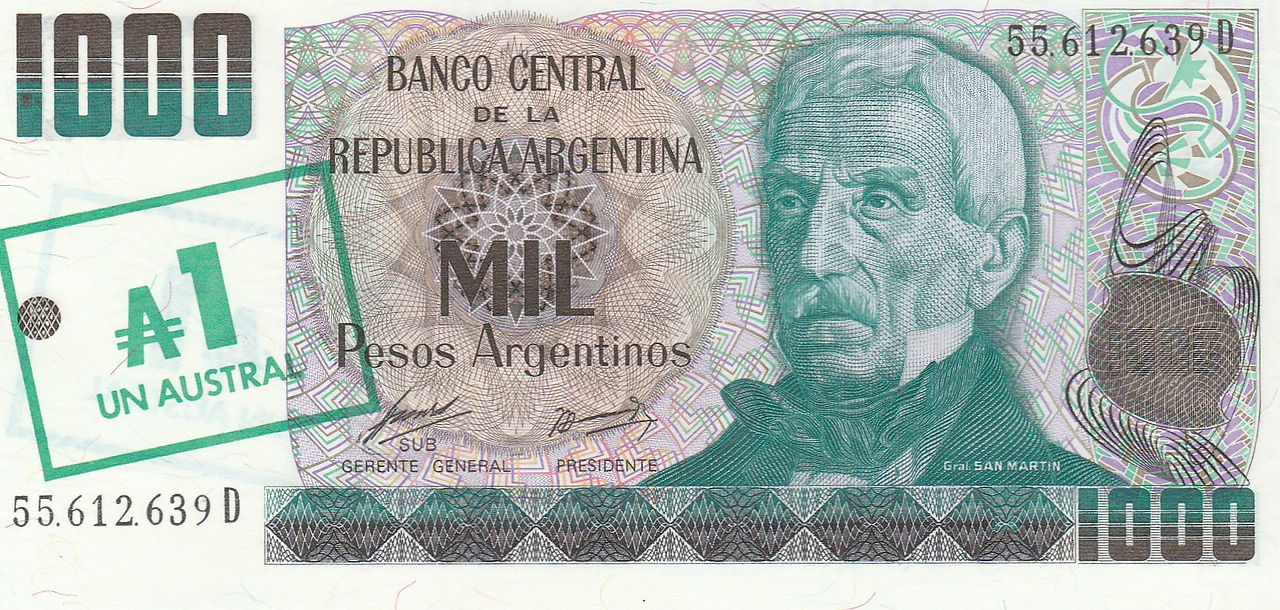 1 Austral (Argentina, 1985)-Observe: Features a portrait of General Jose de San Martín (1778-1850). The stamp to the left revalues the banknote to 1 Austral.