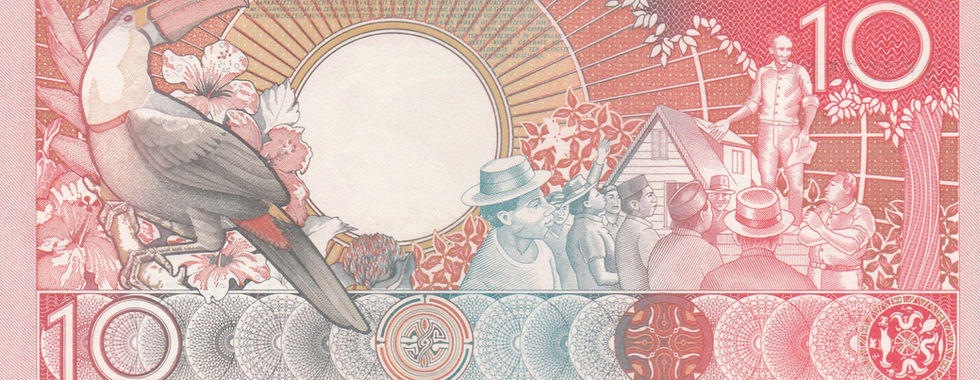 10 Gulden (Suriname, 1988)-Reverse: Depicts a White-Throated Toucan, besides an illustration of Anton de Kom giving a public speech.