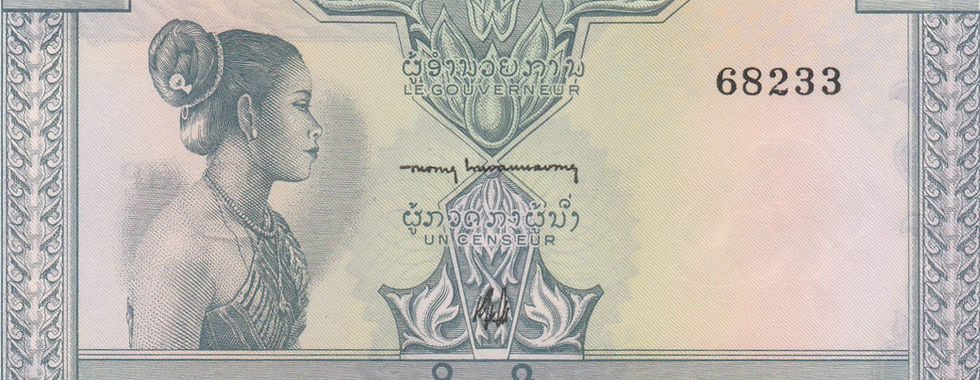 10 Kip (Laos, 1962)-Observe: Features a portrait of a Lao woman (Nang Sang Vane), in profile.