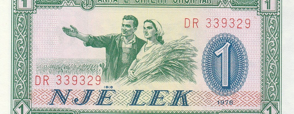 1 Lek (Albania, 1976)-Observe: Depicts a mechanic standing with a peasant woman bearing a sheaf of wheat.