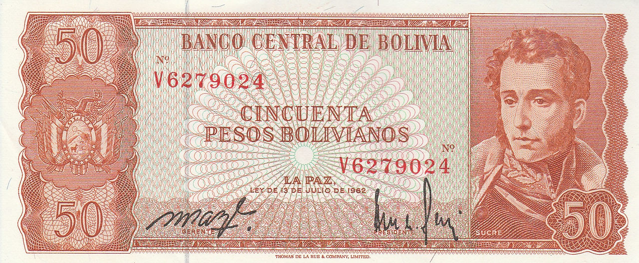 50 Pesos Bolivanos (Bolivia, 1962)-Observe: Features a portrait of Marshall Antonio José de Sucre (1795-1830), 2nd President of Bolivia.