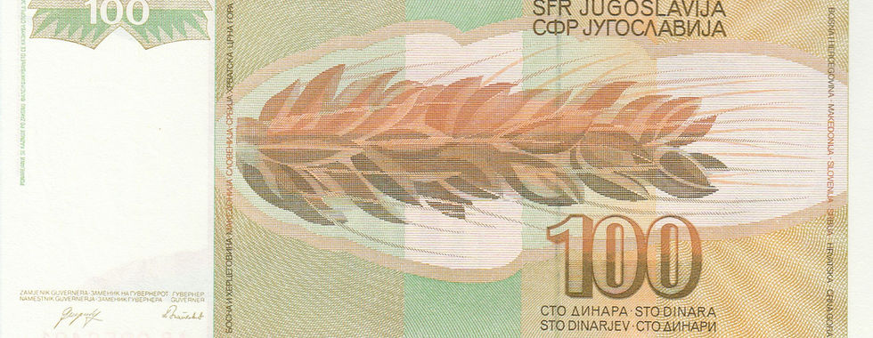 The reverse of the 1990 100 Dinara, features a large “spike” of wheat.