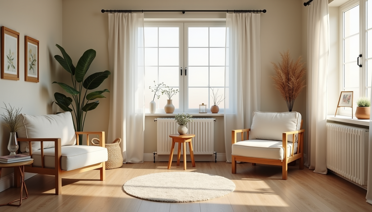 Eye-level view of a calm therapy room with soft lighting and comfortable seating