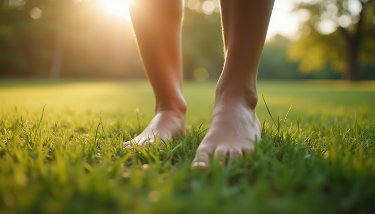 Close-up view of a person’s feet firmly planted on natural ground during a grounding exercise