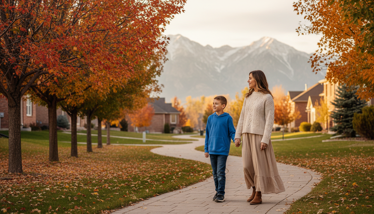 Medium shot of a caregiver and child walking together on a tree-lined neighborhood path