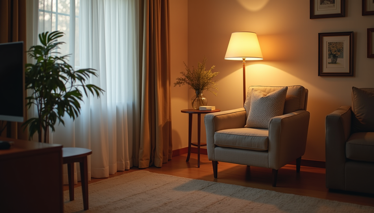 Eye-level view of a cozy living room with a comfortable chair and soft lighting