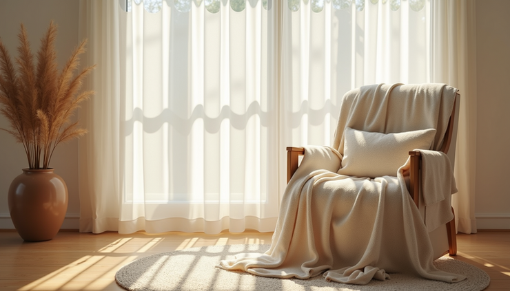 Eye-level view of a quiet, sunlit room with a comfortable chair and soft blankets