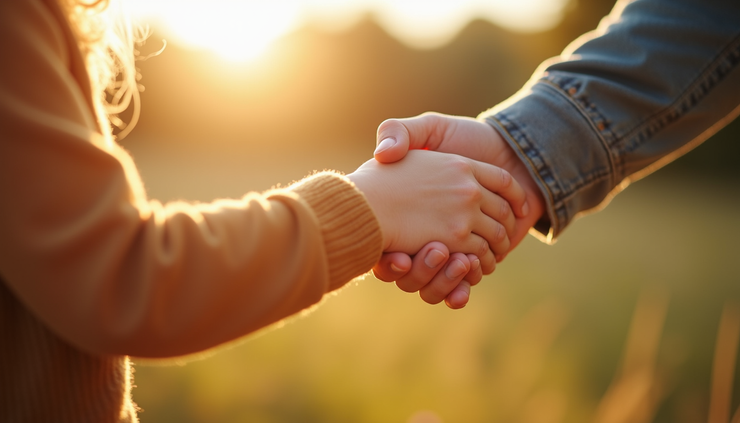 Eye-level view of a parent gently holding a child's hand in a sunlit park