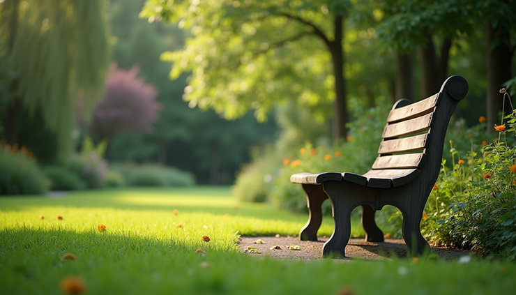Eye-level view of a peaceful garden bench surrounded by greenery