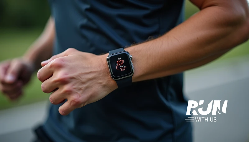 Runner with a heart rate monitor showing his effort.