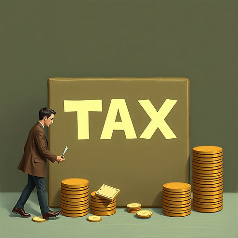 Man walking past giant TAX sign with stacks of gold coins on a green background, suggesting tax expenses.