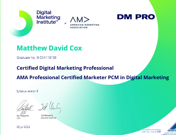 Matthew David Cox's Digital Marketing Institute, AMA Professional Digital Marketing Certificate.