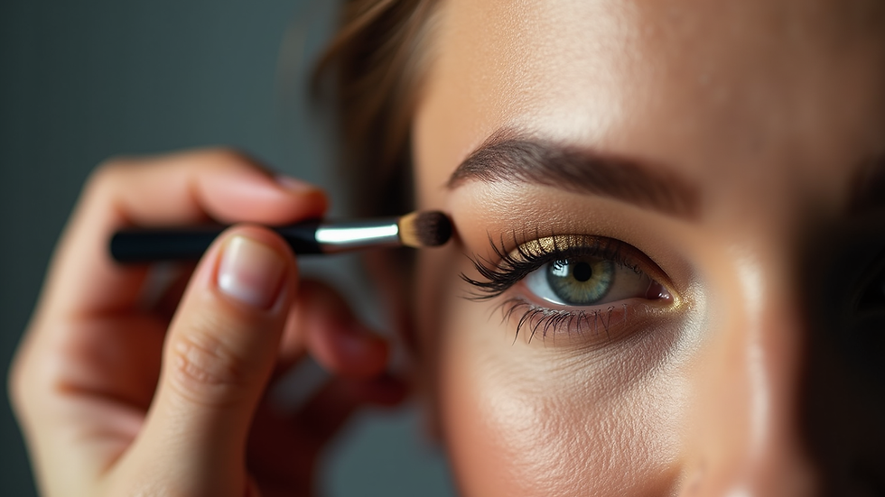 Eye-level view of a powder brow artist applying pigment to a client’s eyebrow