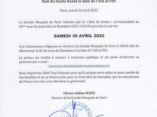 Communiqué - la Nuit du Doute déterminant l'Aïd al-Fitr aura lieu le samedi 30 avril 2022