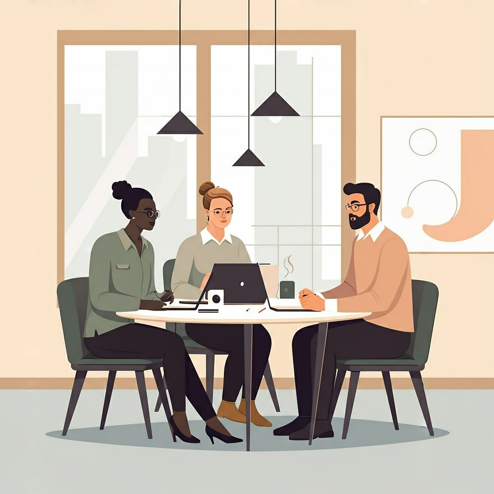 Three people sit at a table with laptops in a modern office. Coffee cups and cityscape windows create a collaborative, focused mood.