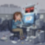 Stressed woman in office holds head in front of computer showing "Overdue Tasks 127" alert. Papers scattered, desk cluttered.