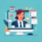 Woman in business attire on computer screen with icons of emails, chat bubbles, and profiles. Blue background with plant and calendar.