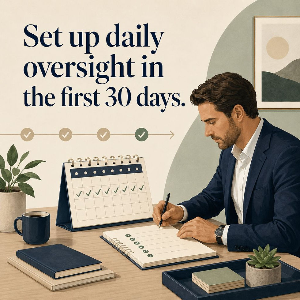 Man in a suit writes in a planner on a desk with calendar, plant, and coffee cup. Text reads, Set up daily oversight in the first 30 days.