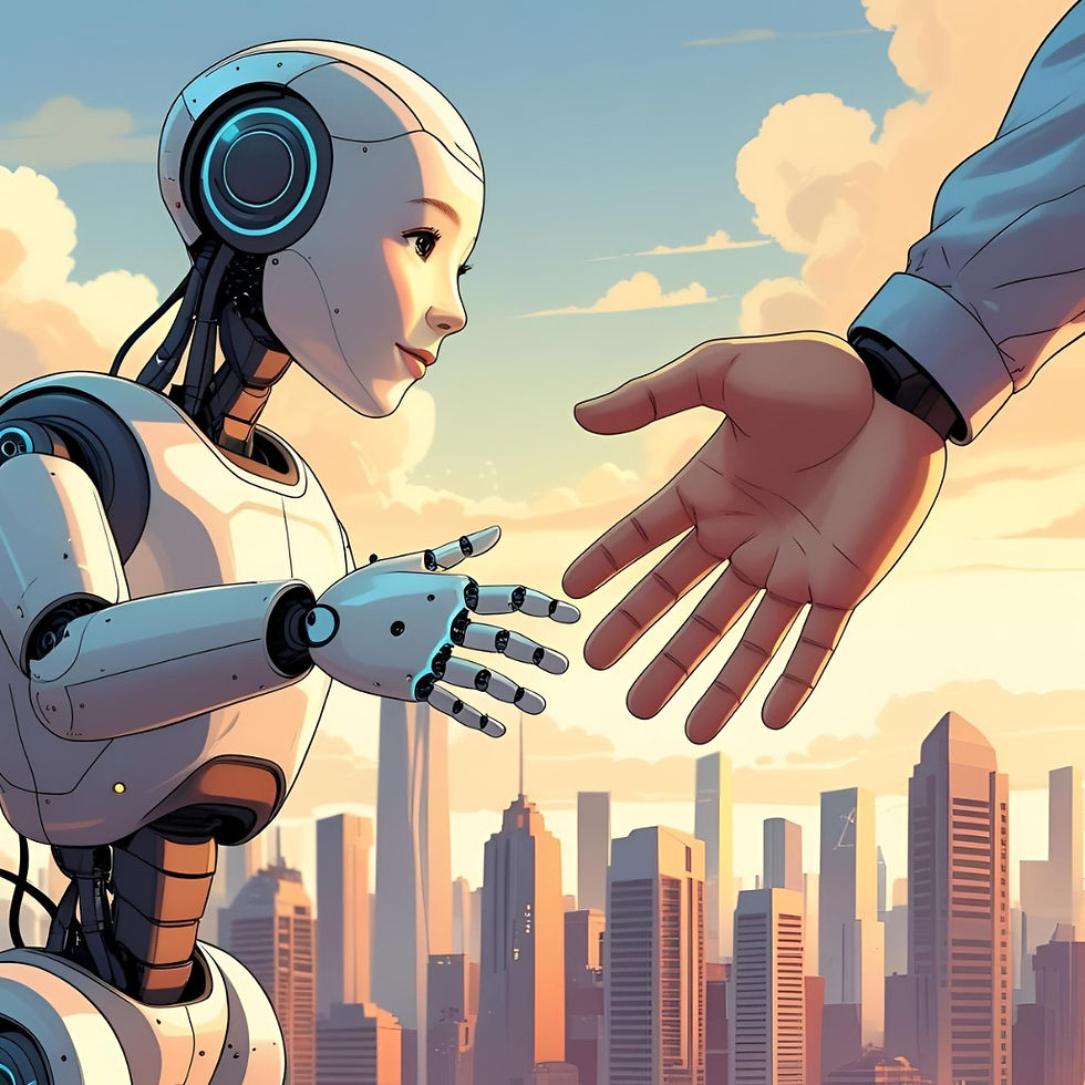 Humanoid robot with a smooth white exterior and glowing blue lights on its joints, reaching out its hand towards a human hand in a blue shirt