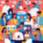 Diverse people using smartphones with chat icons around them. Bright colors and speech bubbles suggest lively interaction.