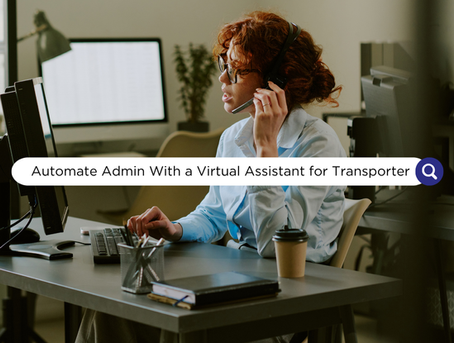 Woman with headset at desk, typing on a keyboard. Office setting with plants, monitors. Text: "Automate Admin With a Virtual Assistant for Transporter."