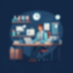 Businessperson in a blue suit at a desk, typing on a laptop. Office setting with clocks, charts, and file stacks. Focused and organized mood.