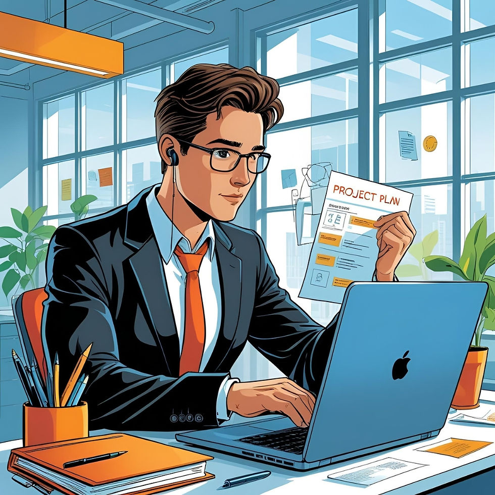 Man in a suit with glasses works on a laptop, holding a "Project Plan" paper in a bright office. Plants and orange accents add color.