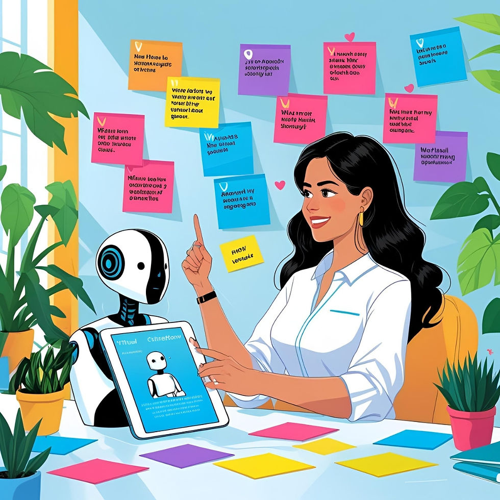 A woman smiles at a robot holding a tablet. Bright Post-it notes cover the wall. Plants are in the background, creating a lively setting.