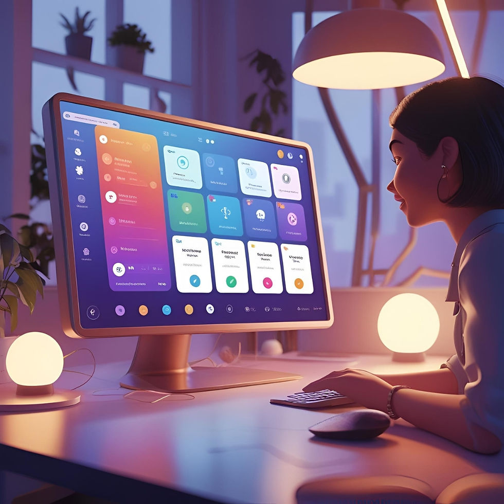 Woman at desk using a colorful screen with app icons, in a dimly lit room with modern decor, warm light, and plant in the background.