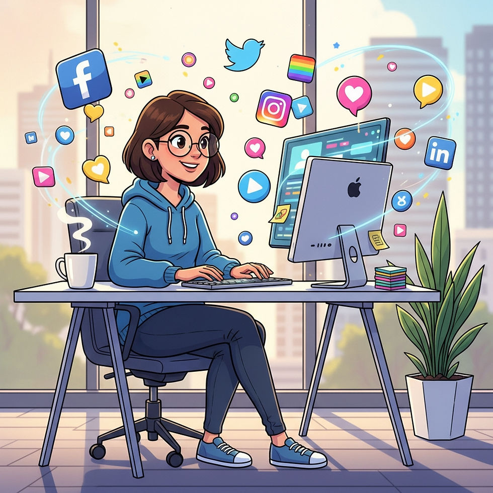 Woman in blue hoodie at a desk with computer, surrounded by social media icons. Bright office with city view. Mood is cheerful and engaged.