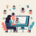 A woman at a desk on a video call with diverse colleagues. Background shows connected portraits, icons, and a light bulb, creating a collaborative mood.