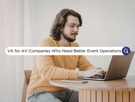 Man in a yellow sweater using a laptop at a wooden table. Text overlay: "VA for AV Companies Who Need Better Event Operations." Calm setting.