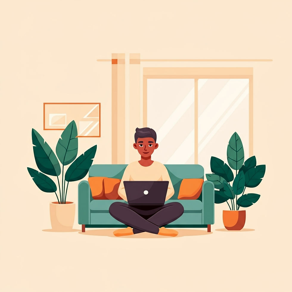 Man on sofa with a laptop, surrounded by green plants and orange pillows. Light background with large window, exuding a calm, cozy vibe.
