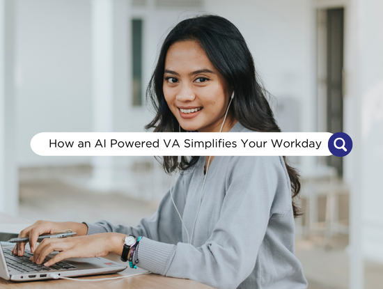 Woman smiling at laptop, wearing headphones, with text overlay "How an AI Powered Virtual Assistant Simplifies Your Workday." Indoor setting.