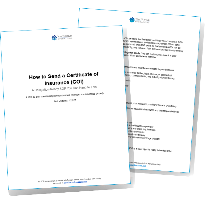 Two documents titled "How to Send a Certificate of Insurance (COI)" with a step-by-step guide for founders. Text is organized on white pages.