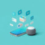 Smartphone and smart speaker on turquoise background, surrounded by floating app icons like music, chat, and calendar, conveying connectivity.