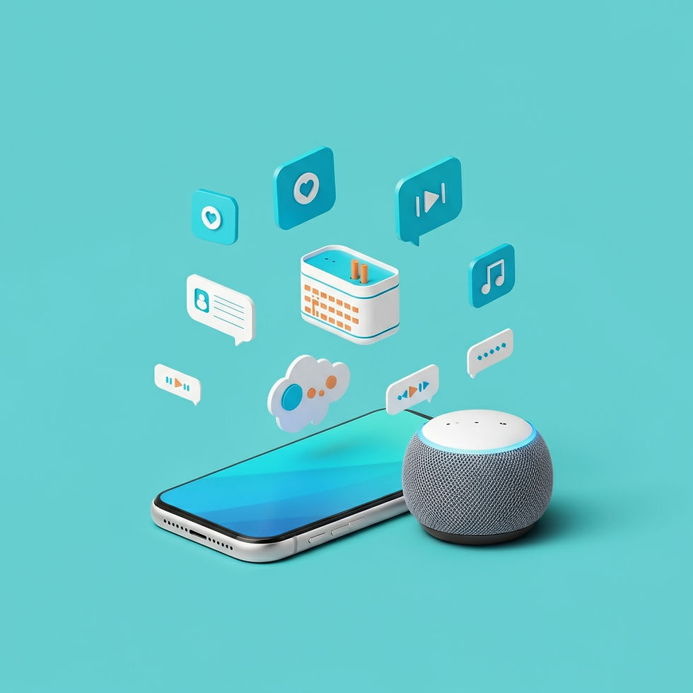 Smartphone and smart speaker on turquoise background, surrounded by floating app icons like music, chat, and calendar, conveying connectivity.