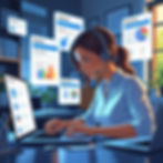 Woman in white shirt with headset working on a laptop. Multiple research charts displayed. Office setting with plants, blue lighting.