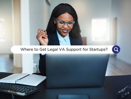 Woman in glasses smiling at laptop in a modern office, with a search bar overlay reading "Where to Get Legal VA Support for Startups?"