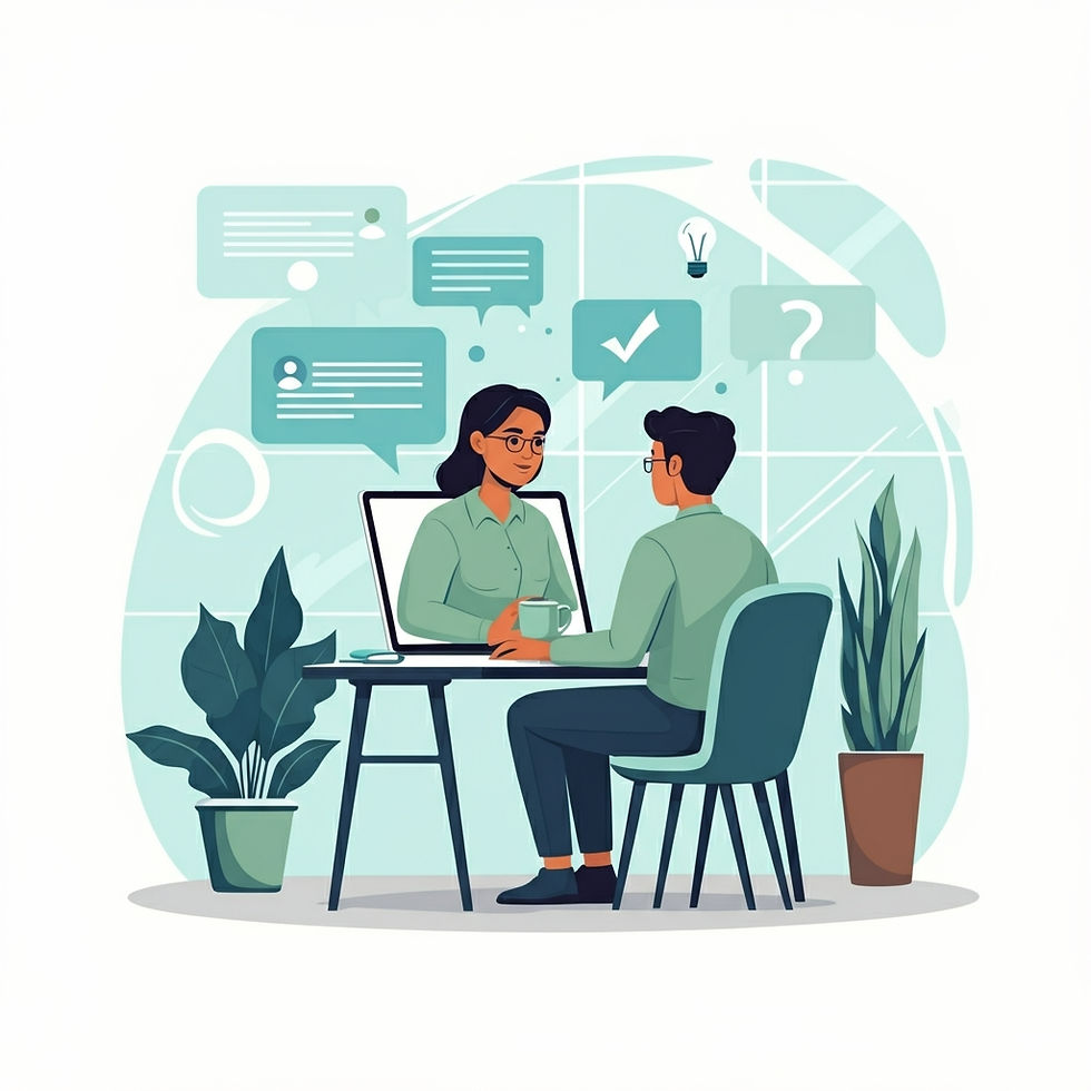 Two people sit at a table with a laptop, engaged in conversation. Speech bubbles and icons float above. Green and teal tones dominate.