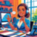 Smiling woman with headset at desk, gesturing "hello" in bright office. Computer screen shows avatars. Sunny window and plants in background.