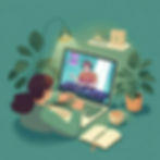 A woman watches a DJ on a laptop screen in a cozy room with plants, warm lighting, a notebook, and a cup of coffee nearby.