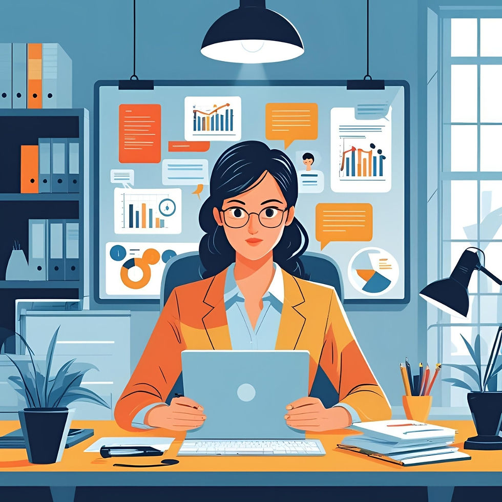 Woman in a yellow blazer at a desk with a laptop, graphs, and notes. Office setting with shelves and plants. Focused expression.