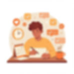 Person writing at a desk with planner, surrounded by orange checkmarks, chat bubbles, and clock, conveying productivity and focus.