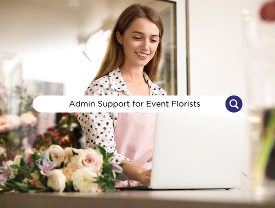 Smiling woman in a pink apron uses a laptop in a floral shop. White flowers nearby. Text: Admin support for event florists helps floral business owners manage proposals, invoices, client communication, timelines, CRM updates, and event details without losing time for design work. Learn what to delegate first and how better operations can support weddings, corporate events, and long term growth.
