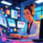 Woman in white coat and headset typing at desk, surrounded by colorful screens with data. Office setting, futuristic and vibrant mood.