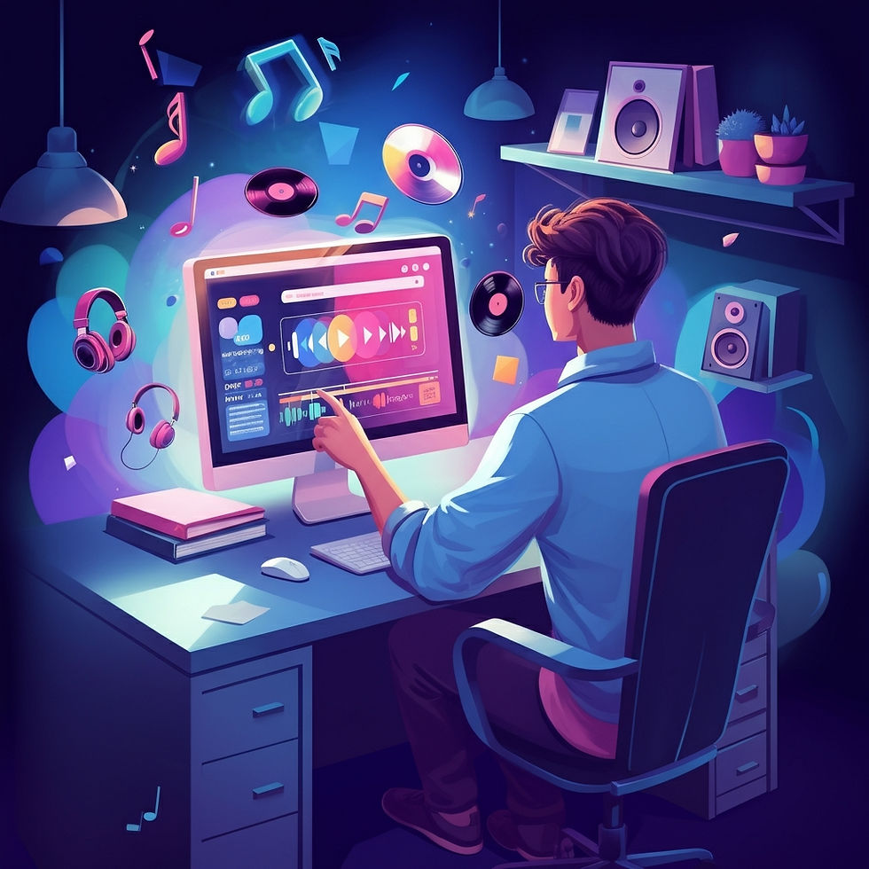 A person adjusts music software on a bright screen, surrounded by floating music icons, records, and headphones in a modern, colorful room.