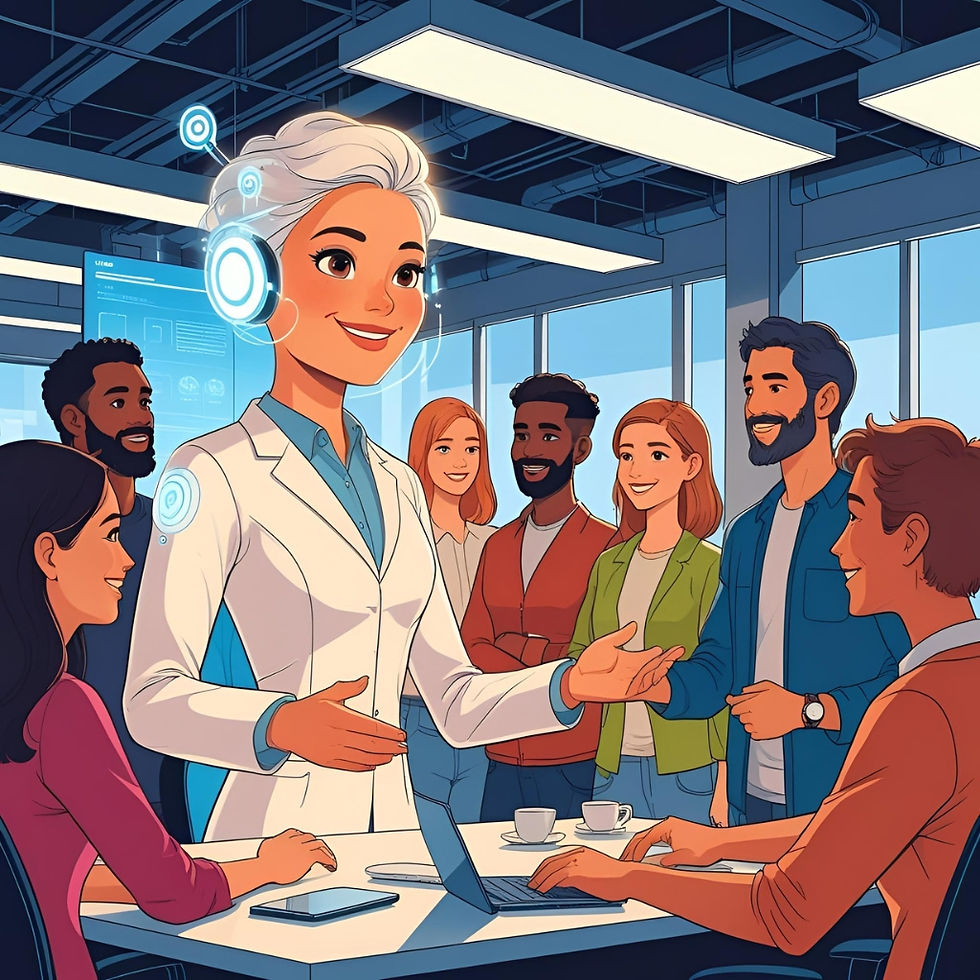A smiling AI hologram presents to a diverse group in an office. People are engaged, colorful outfits and tech add a futuristic feel.